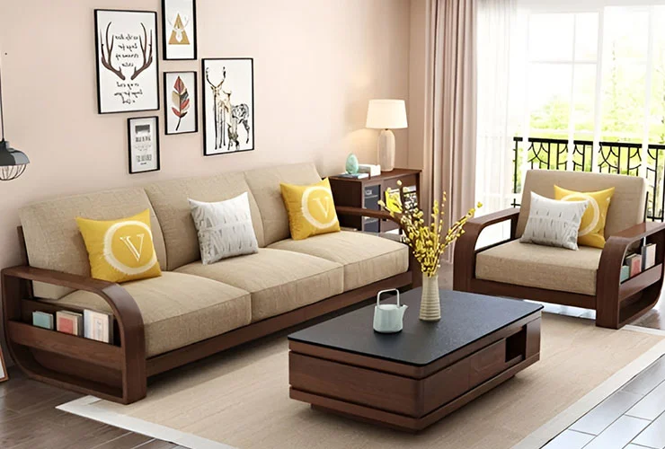 Modern Living Room With Brown  Wooden Sofas